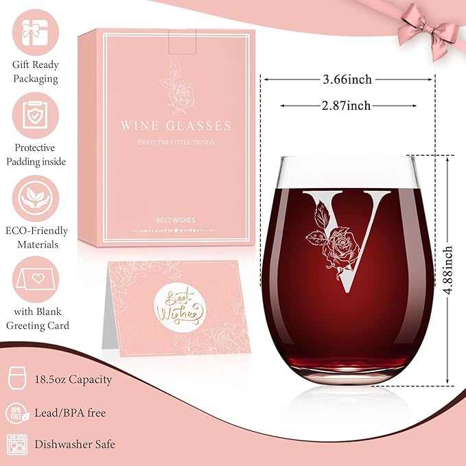 Valentines Day Gifts for Her, Gifts for Women Her Friend Mom Grandma Wife Sister Bridesmaid Nurse, Birthday Galentines Mothers Day Christmas, Personalized Initial Customized Wine Glasses 18OZ(V)