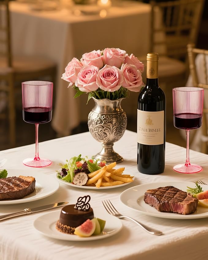 Ciaell 12 PCS Pink Plastic Ribbed Wine Glasses - 10 OZ Plastic Square Wine Glasses with Stem - Disposable Champagne Cups for Parties & Weddings & Valentine's Day