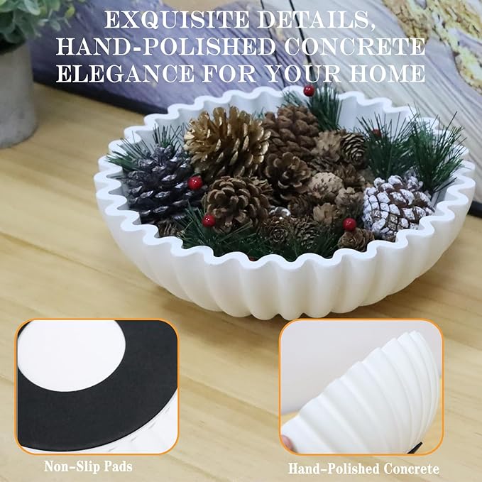 Decorative Bowl for Home Decor - White Large Decorative Fruit Bowls for Candy - Scalloped Ruffle Centerpiece key Bowl - Morden Round 10" Aesthetic Coffee Entry Table Decor With Wood Beads