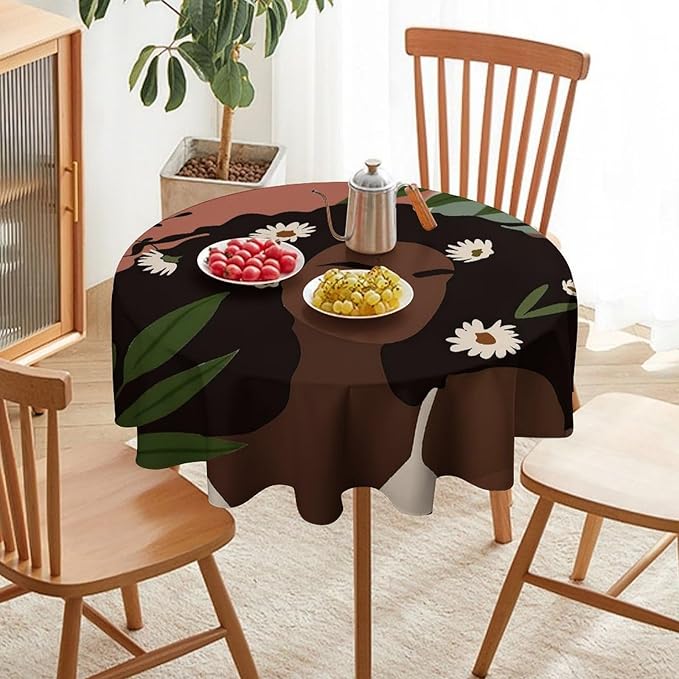Bohemian Retro Mid Century Round Tablecloth, African Woman Girl Leaves Flower Tablecloth for Home Party Dining Room Kitchen Decor 70Inch(178cm)