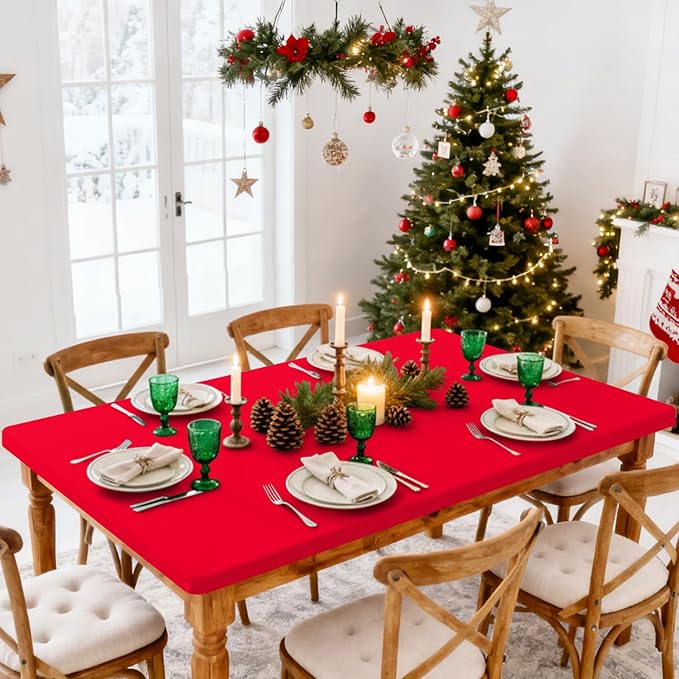 Smiry Rectangle Tablecloth, Elastic Fitted Flannel Backed Vinyl Tablecloths for 5ft Folding Tables, Waterproof Wipeable Table Covers for Indoor, Outdoor, Picnic and Camping (Red, 30"x60")