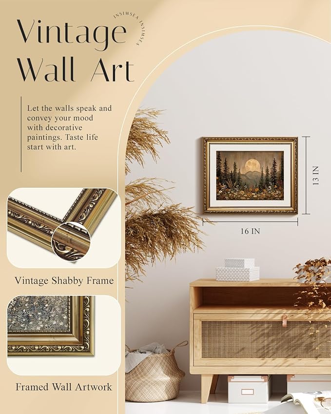 InSimSea Gold Picture Framed Wall Art, Living Room Vintage Nature Forest Wall Decor, Dark Moon Landscape Canvas Print Art, Home Farmhouse Decor, Antique Paintings with Frame 13x16inch