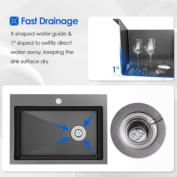24x18x9 Inch Drop in Kitchen Sink, Handmade 304 Black Stainless Steel Single Bowl, Centre-Offset Drain, R10 Tight Corner, Topmount Kitchen Sink with Strainer & Bottom Grid