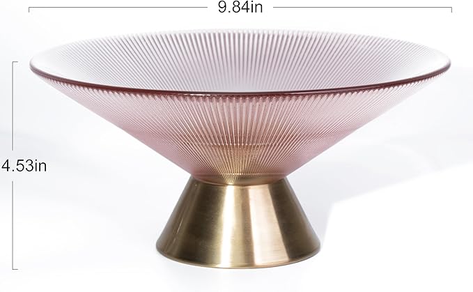 Tapered Glass Decorative Bowl (Pink), 9.8 Inches Handblown Striped Design Fruit Bowl with Rust-Resistant Metal Base for Home Decor, Table Centerpiece, Kitchen Island and Dining Decor