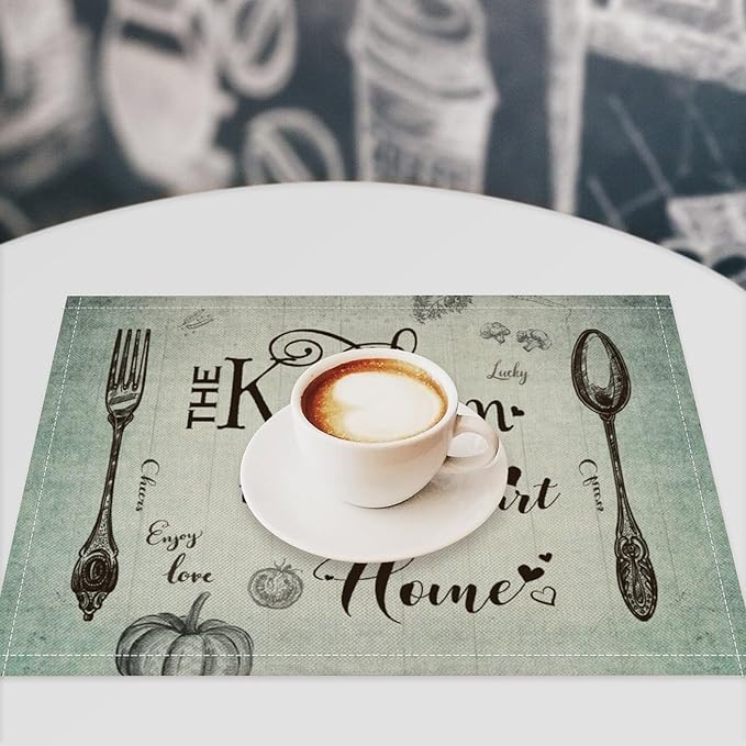 Retro Farmhouse Placemat Set, Minimal Green Gradient Rustic Plank Art Sketch Cutlery Knife Fork Inspirational Quotes Pattern Home Decor Linen Table Mats for Dining Room Kitchen Party (17x12in) x2P