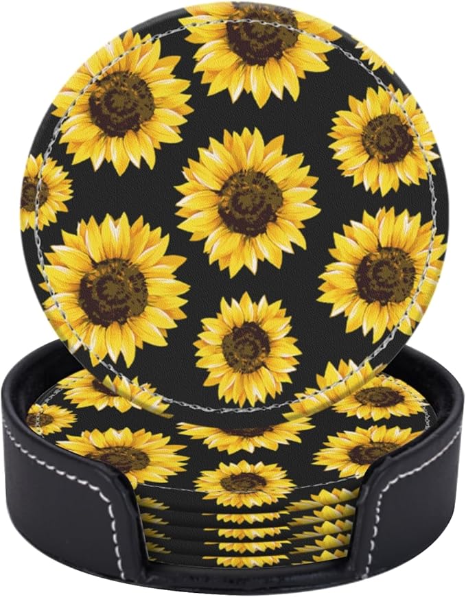 Coasters for Drinks PU Leather,Set of 6 with Holder,Round Housewarming Gift Home Decor,Sunflower On Black Background