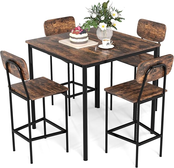 COSTWAY Dining Table Set for 4, 5-Piece Square Kitchen Nook Dinette Set with 4 Bar Stools with Footrest, Backrest, Space-Saving Design, Industrial Kitchen Table and Chairs for Apartment, Coffee