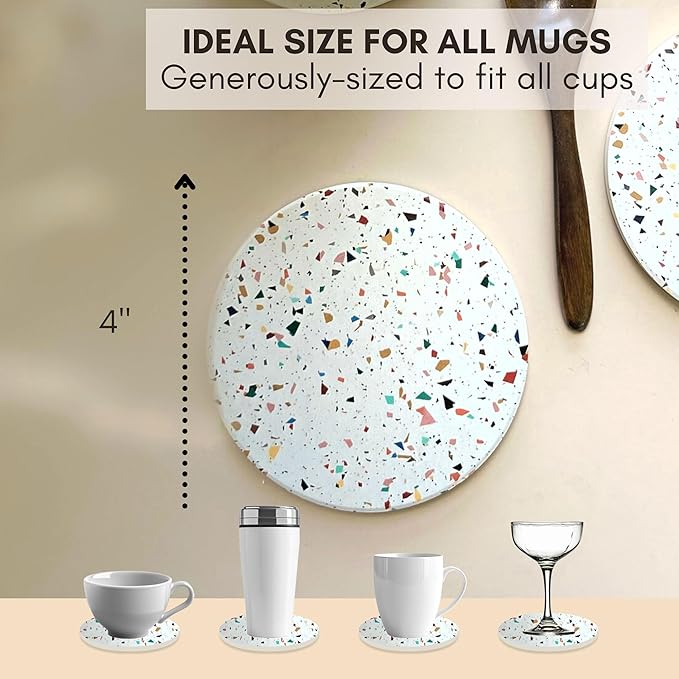 Terrazzo Coasters Set of 6, Ceramic Absorbent Drink Coasters, Cute Moisture Absorbing Coaster, Coffee Table Desk Decor, Colorful Stone Coaster for Drinks (Confetti with Black Holder)