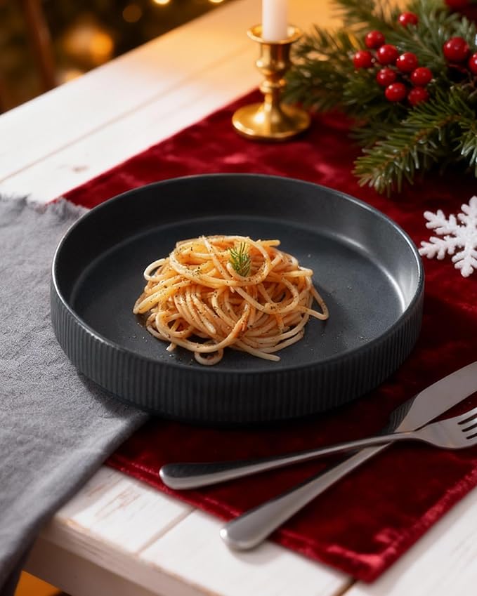 famiware Star 8.25" Pasta Bowls, Large Dinner Bowls Set of 4, Salad Bowl Plates, Shallow Bowls for Eating, Matte Dark Charcoal (Full Glaze)