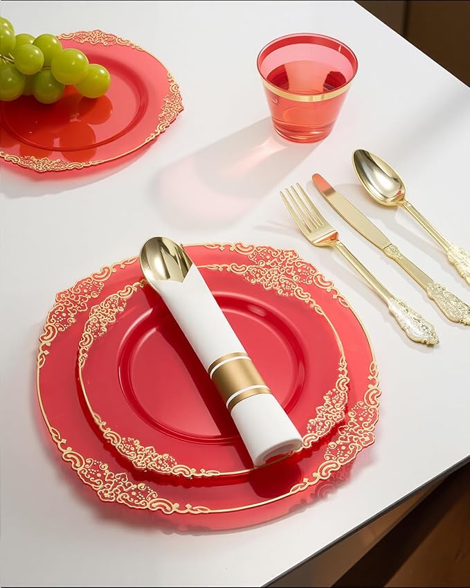 Goodluck 350 Piece Red Dinnerware Set for 50 Guests, Fancy Disposable Plates, Include: 100 Red Rim Plastic Plates, 150 Silverwares, 50 Pre Rolled Napkins, 50 Cups for Party, Wedding