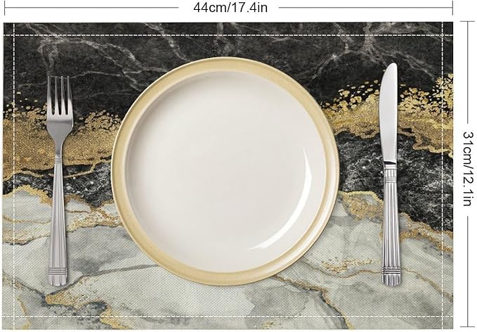 Marble Linen Place Mats Set of 4, 12x17 Inch Modern Luxury Texture Black Grey Gold Marble Washable Fabric Non-Slip Placemats for Home Dining Table Banquets Party Kitchen Decoration