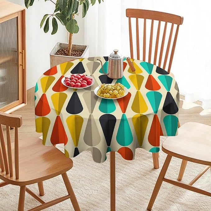 Vintage Bohemian Mid Century Round Tablecloth, Retro 50s 60s Geometric Pattern Print Tablecloth for Home Party Dining Room Kitchen Decor 70Inch(178cm)