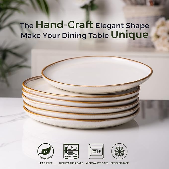 AmorArc Ceramic Dinner Plates Set of 6, 10.5 Inch Handmade Reactive Glaze Stoneware Plates,Large Rustic Shape Dinnerware Dish Set for Kitchen, Microwave & Dishwasher Safe,Scratch Resistant-Pearl White