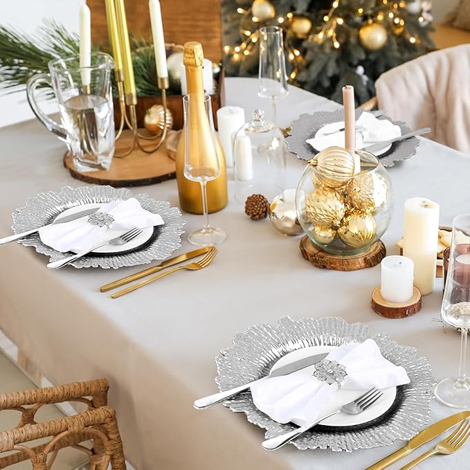 Dandat 24 Pcs Charger Plate Bulk 13'' Floral Reef Plates with Napkin Ring Plastic Dinner Charger Hollow Out Flower Napkin Holder Plastic Plate for Table Setting Wedding Party (Silver)