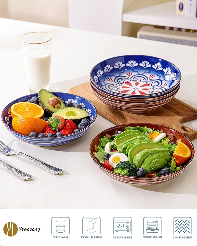 Yeacccng Pasta Bowls Set of 6, 35 Oz Ceramic Large Salad Bowl, 8.5 Inch Colorful Serving Bowls for Kitchen, Dishwasher & Microwave Safe, Scratch-Resistant, Lead-Free (Brown*6)