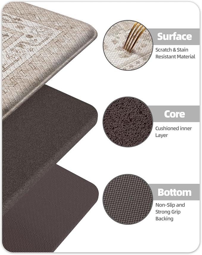 Color&Geometry Kitchen Floor Mats Anti Fatigue, Cushioned Boho Rugs,Waterproof Non Slip Kitchen Runner for Sink, Standing Mats for Office,24"x59",Beige