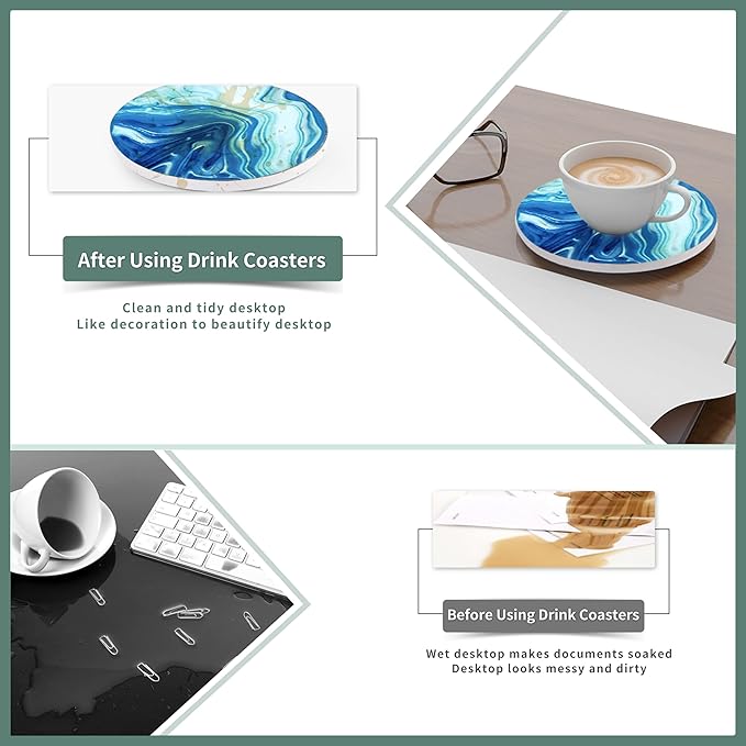 Ceramic Marble Coasters, 6 Sets of Round Tea Coasters with Holder on Dark Blue White, Durable Cup Coaster for Coffee for Table Protection, Beer Coasters set for Kinds of Mugs and Cups(4 Inches)