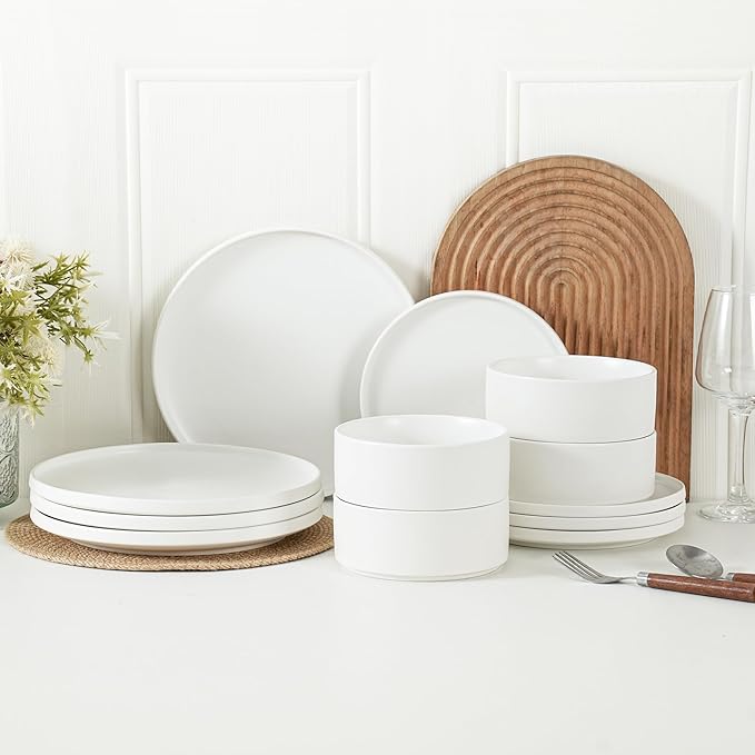 Stoneware Salad Plates Set of 4, 8 Inch Plates for Dessert, Ceramic Plates Sets, Microwave Safe, Dishwasher Safe, Versatile for All Seasons, Matte White