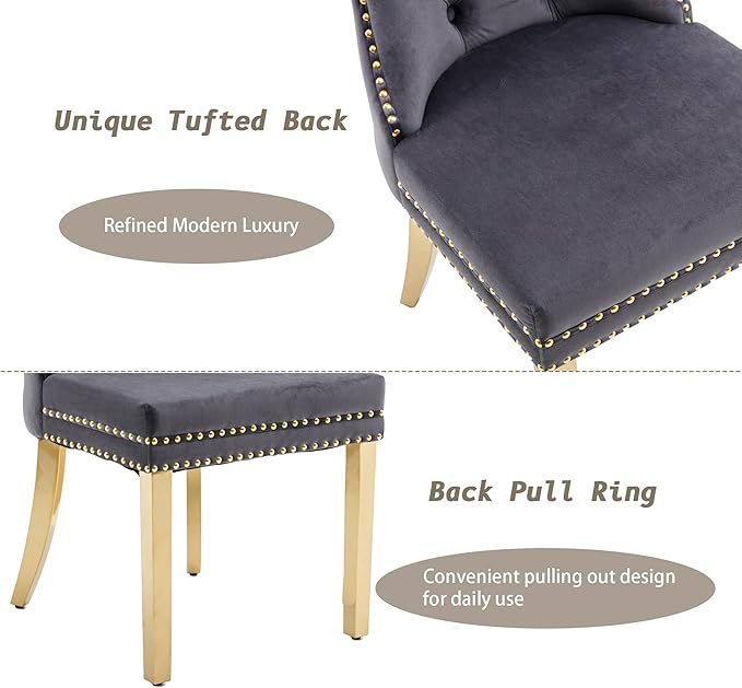 KCC Velvet Dining Chairs Set of 4, Upholstered High-end Tufted Dining Chair with Nailhead Back Ring Pull Trim Stainless Steel Legs, Contemporary Nikki Collection Modern Style for Kitchen, Dark Gray