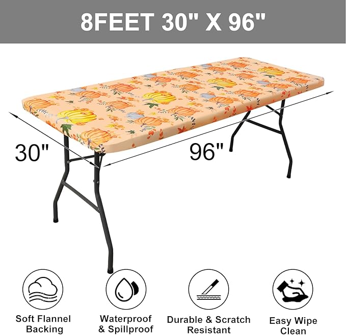 Smiry Plastic Thanksgiving Tablecloth, Pumpkin Wipeable Flannel Backed Vinyl Tablecloths for 8 Foot Tables, Waterproof Elastic Fitted Table Covers for Autumn Harvest, Parties (Orange, 30x96 Inches)