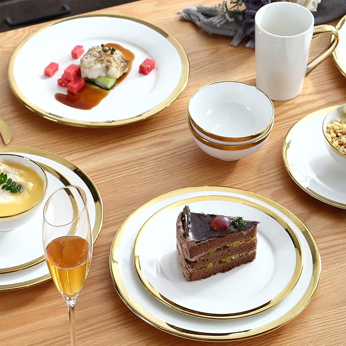 Dinner Plates, Set of 6, 8 inch,White Porcelain with Gold Trim，Appetizer Plates,Ceramic Round Dessert Serving Plates for Bread, Salad, Snack and Finger Food,Elegant Ceramic Dinner Plates