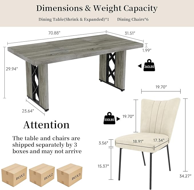 7-Piece Dining Table Set for 6 People, 70.8" MDF Kitchen Table with 6 Velvet Chairs, Space-Saving for Dining Room, Breakfast Nook(Grey Table+6 Beige Chairs)