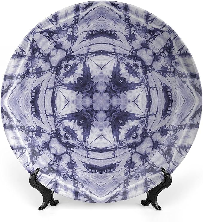 Ceramic Plates, Abstract Decorative Ceramic Plates, Modern Art Generated Resisting Twisting Fractal, 10 Inch, Household Plates Decorative, Lavender Blue Indigo