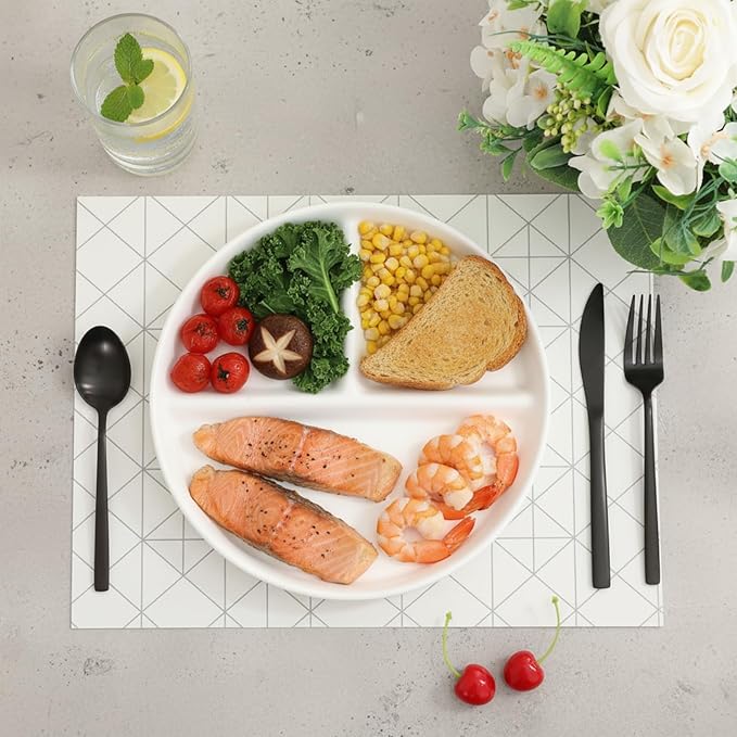 Lounsweer Set of 8 Pcs Portion Control Plate Ceramic Divided Bariatric Plates 3 Compartment Reusable Dinner Plates for Weight Loss Balanced Meal (8 Inch)