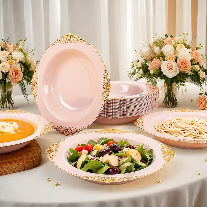 100PCS Pink Plastic Bowls - 12 oz Pink Gold Disposable Salad Bowls - Heavy Duty Disposable Soup Bowl - Fancy Plastic Ice Cream Bowl for Weddings Valentine's Day Parties Dinners Picnics