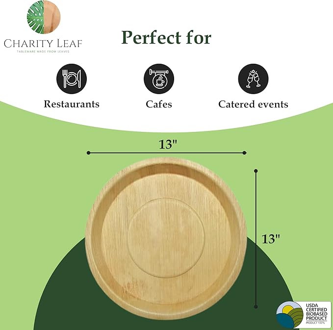 Charity Leaf Disposable Palm Leaf 13" Deep Round Trays (25 pieces) Bamboo Like Serving Platters, Disposable Boards, Eco-Friendly Dinnerware For Weddings, Catering, Events
