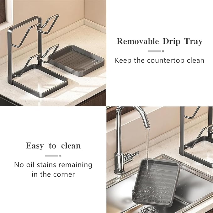 Double Layer Kitchen Pot Lid Storage Rack, Stainless Steel Pot Lid Holder While Cooking & Spoon Rest, Multifunctional Pot Lid Organizer with Removable Drip Tray for Countertop