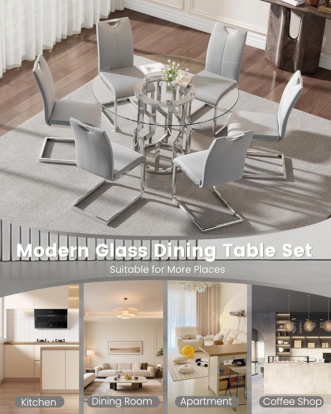 47.2" Round Glass Dining Table Set for 6, Modern 7 Piece Kitchen Table Set with Silver Stainless Steel Base & 6 PU Leather Accent Chairs, Saving Space, Dining Set for Apartment, Home - Grey Chair