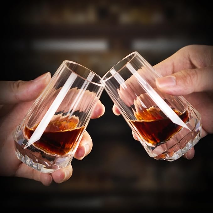 KAMMAK Crystal Whiskey Glasses Set of 2, Handcrafted Shot Glasses Stemless, 3.38oz Hand Blown White Cocktail Glasses, Engagement Gifts for Couples, Women, Men