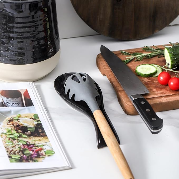 Ceramic Spoon Rest for Stove Top,Large 8.7 Inch Spoon Holder for Kitchen Counter,Porcelain Utensil Rest for Thankgiving and Christmas Gift,Dishwasher Safe and Heat-Resistant,Black(1 PC)