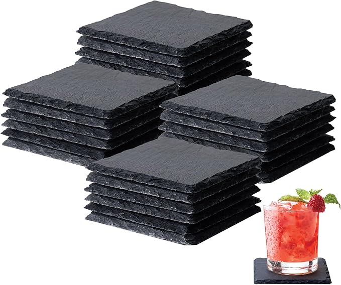 Slate Coasters Set of24,4-Inch Black Square Stone Drink Coasters with Scratch-Resistant Backing,Durable Tabletop Protection for Home Office Kitchen,Ideal Housewarming Wedding Gifts