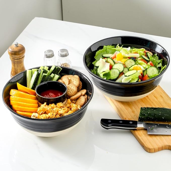 HASENSE Ceramic Serving Bowls Set of 2, 9 Inch Large Salad Bowls for Kitchen, 84 Ounce Mixing Bowl Set for Cooking, Baking, Side Dishes, Soup, Popcorn, Dishwasher and Microwave Safe, Black