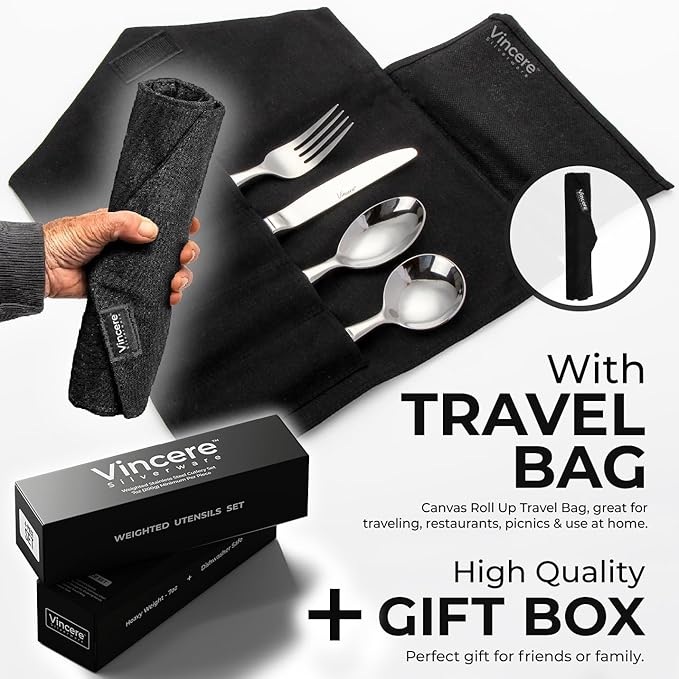 Weighted Utensils for Tremors and Parkinsons, Heavy Weight Stainless Steel Silverware Set, Adaptive Eating Flatware Helps Hand Tremors, Parkinsons Aids for Living, Arthritis - Knife, Fork, Spoons, 7oz