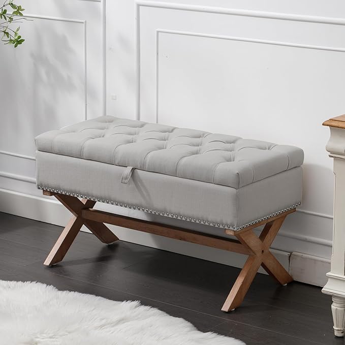 Bonzy Home 36" Tufted Entryway Bench with Storage,French Vintage Bedroom Bench with X-Shaped Legs, Linen Fabric Storage Ottoman Bench for Bedroom Dining Room Living Room Entryway, Gray