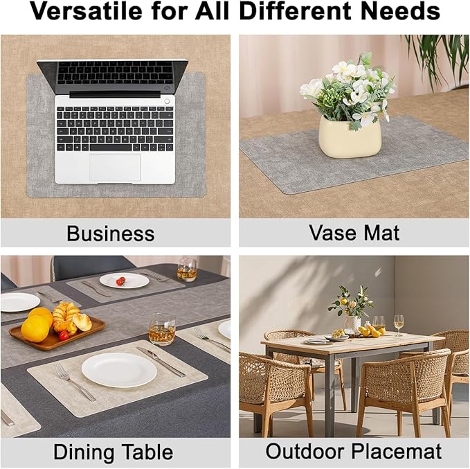 Myir JUN Reversible Vinyl Placemats Set of 6, Faux Leather Place Mats Dual Sided Waterproof Wipeable, Heat-Resistant Table Mats for Kitchen Dining Indoor Outdoor (12" x 17", Light Gray Cream-White)