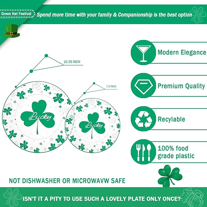 U-QE 60PCS St Patricks Day Plates - Clear and Green Disposable Plates - Premium Hard Green Plastic Plate Including 30 Dinner Plate 10.25'' & 30 Dessert Plate 7.5 '' Perfect for St. Patrick’s Day