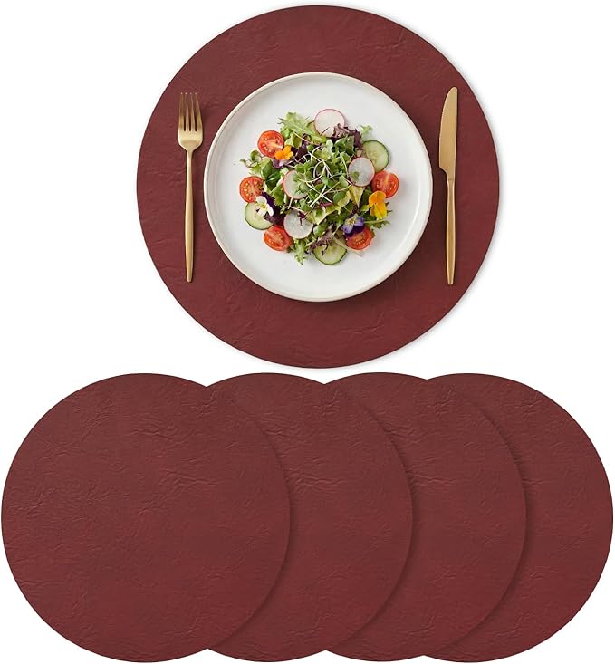 Artoid Mode Red Faux Leather Placemats Set of 4, 15 Inch Waterproof Wipeable Heat Resistant Vinyl Place Mats, Reversible Table Mats for Christmas Kitchen Dining Decor