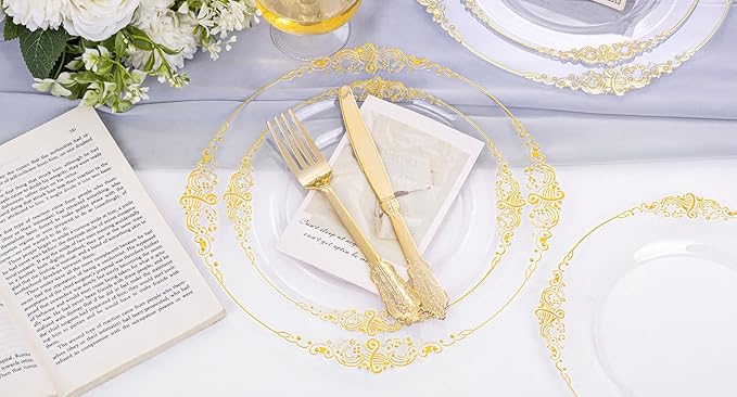 102PCS Clear Gold Plastic Plates - Clear Disposable Plates with Gold Rim - Clear Party Plate Include 51PCS Dessert Plates, 51PCS Dinner Plate for Weddings & Parties