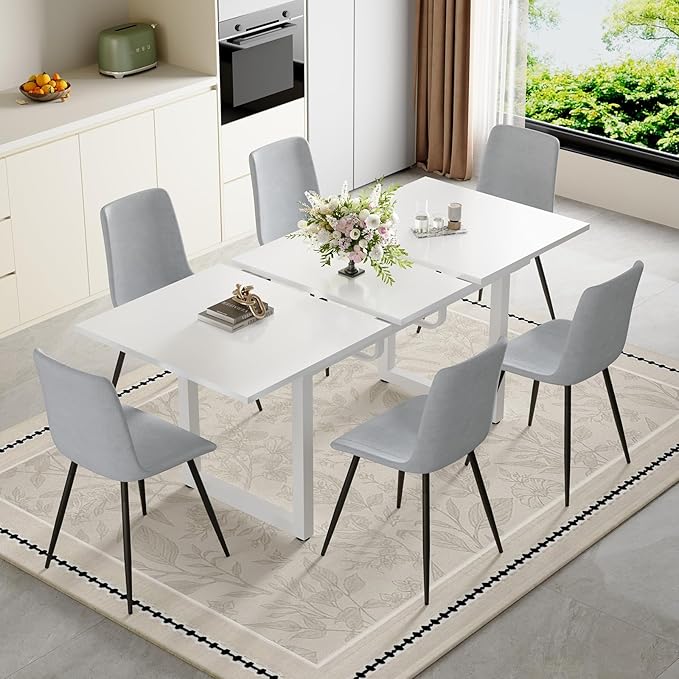 Extendable Dining Table Set for 4, 55"–71" Modern White Kitchen Table with 4 Upholstered Chairs, Space-Saving for Living Room Apartment, Sturdy & Comfortable, Easy Assembly