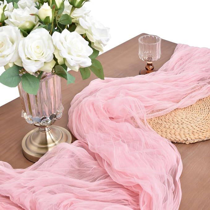 Joanlody Blushing Pink Cheesecloth Table Runner Fall Thanksgiving 10Ft Rustic Gauze Boho Cheese Cloth Table Runner for Wedding Bridal Baby Shower Decoration
