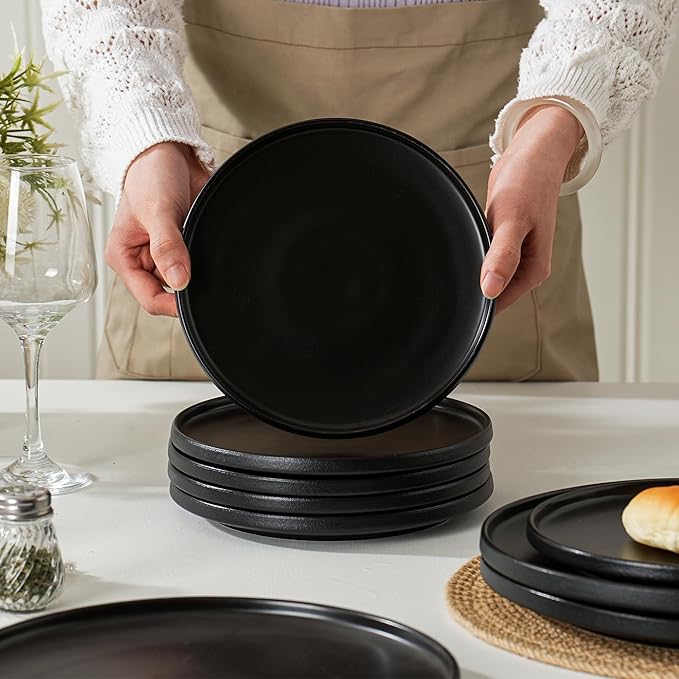 6 Piece Ceramic Dinnerware Set for 2, Modern Minimalist Stoneware Dinner Plates and Bowls, Microwave Safe, Dishwasher Safe, Versatile for All Seasons, Matte Black