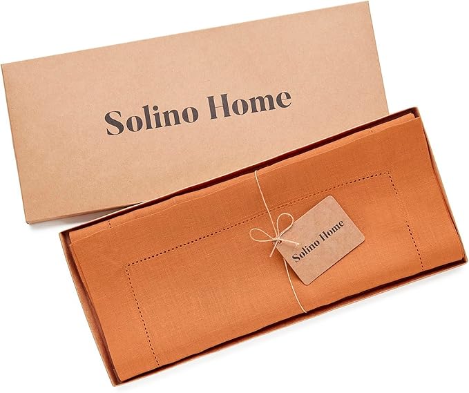 Solino Home Linen Pumpkin Hemstitch Table Runner 60 Inches - 100% Pure Linen Small Table Runner 14 x 60 Inch Ideal for Dresser and Coffee Tables - Classic Hemstitch