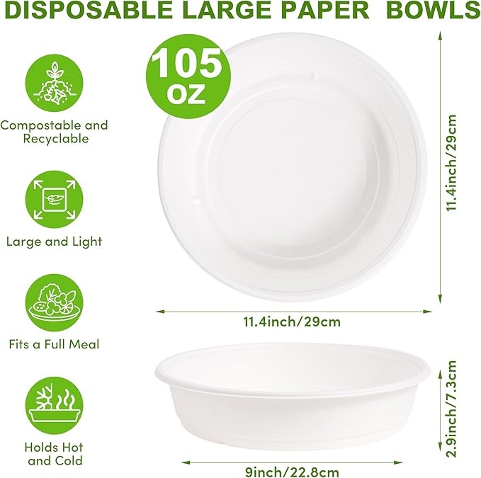 105oz Extra Large Disposable Sugarcane Fiber Paper Bowl, Heavy-Duty Round Serving Bowl for Soups, Pasta & Saucy Dishes, Eco-Friendly Tableware for Restaurants & Catering