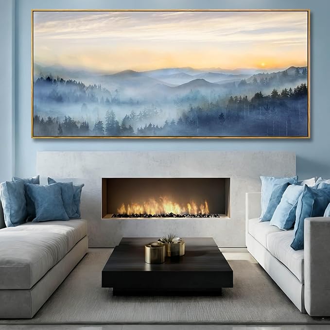 YJYart Blue Prints for Wall Decor Forest Wall Art Mountain Canvas Pictures 40"x86" Large Posters for Dining Room Office Artwork