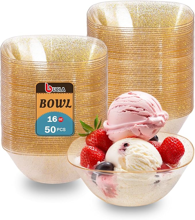 bUCLA 50Pack Gold Glitter Plastic Serving Bowls - 16oz Disposable Serving Bowls for Party Dessert/Ice Cream/Salsa/Snack