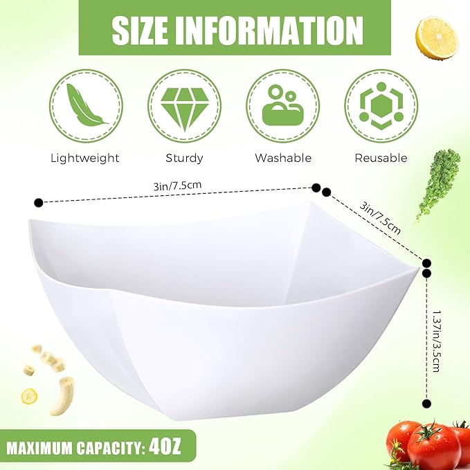 Tanlade 50 Pcs Square Plastic Serving Bowls Disposable Snack Salad Bowl Small Party Candy Bar Containers Taco Bar Serving Dishes for Buffet Chips Fruit(4 oz,White)